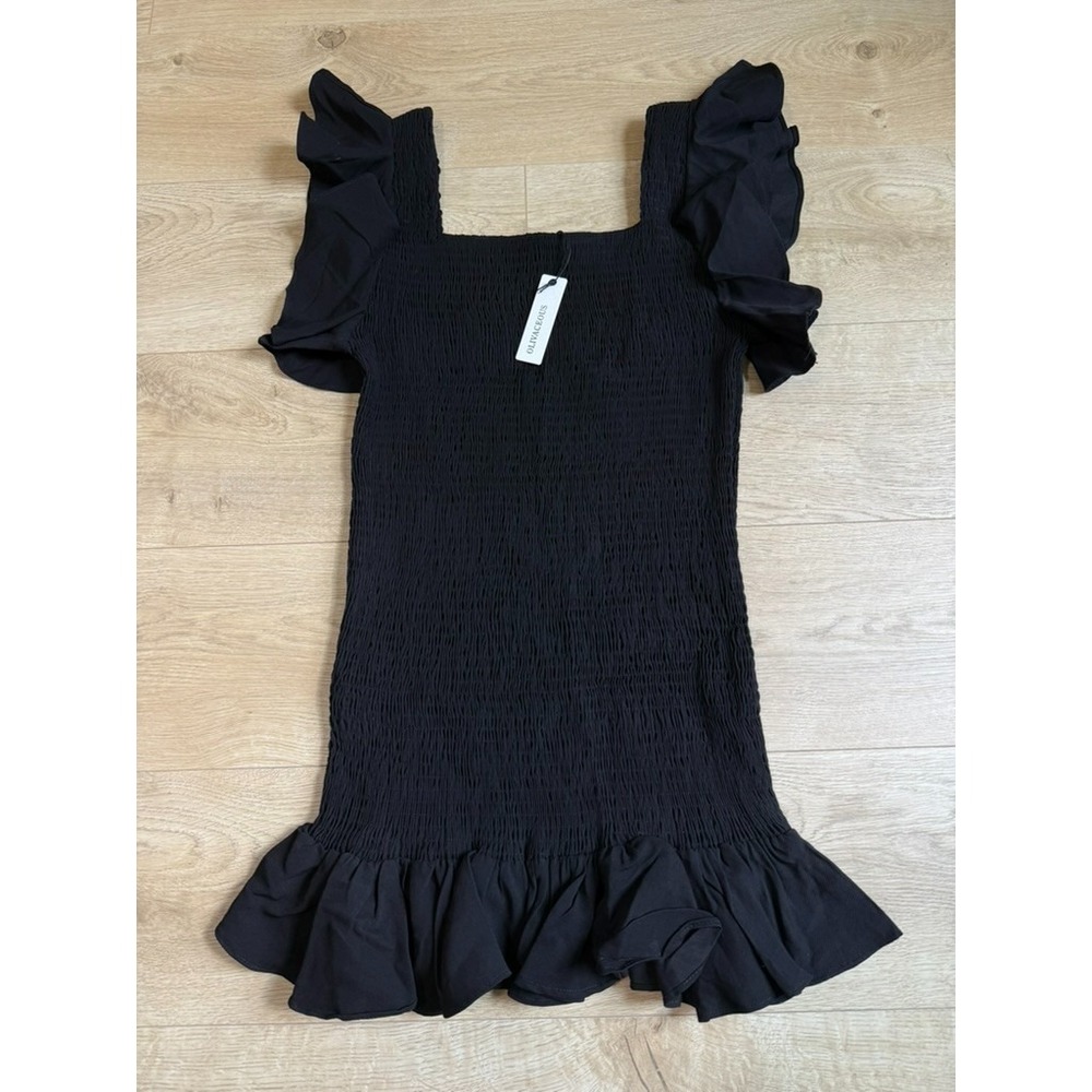 NWT Womens Olivaceous black smocked ruffle sleeve tencel blend mini dress size L